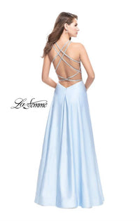 La Femme Hi-Neck Satin X-Back Gown in pale yellow - women's dress - alternate view