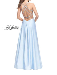 La Femme Hi-Neck Satin X-Back Gown in pale yellow - women's dress - detail view