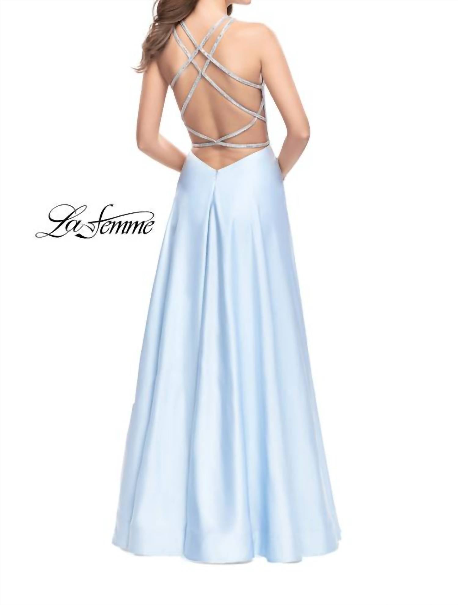 La Femme Hi-Neck Satin X-Back Gown in pale yellow - women's dress - detail view