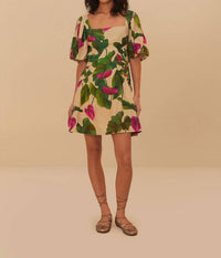FARM RIO Short Puff Sleeve Mini Dress in anthurium leaves sand - women's dress