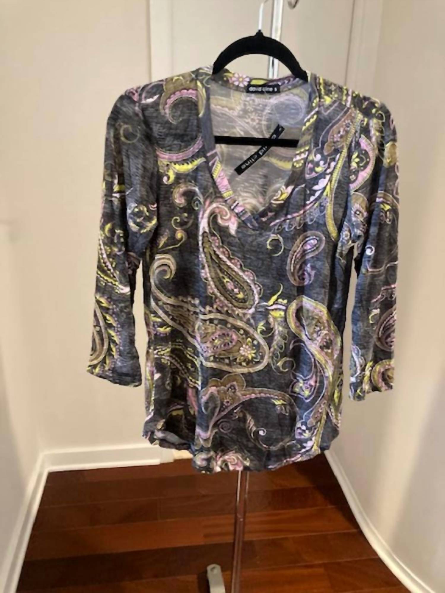 David Cline Women's Paisley V Neck Top in grey - women's long sleeve top
