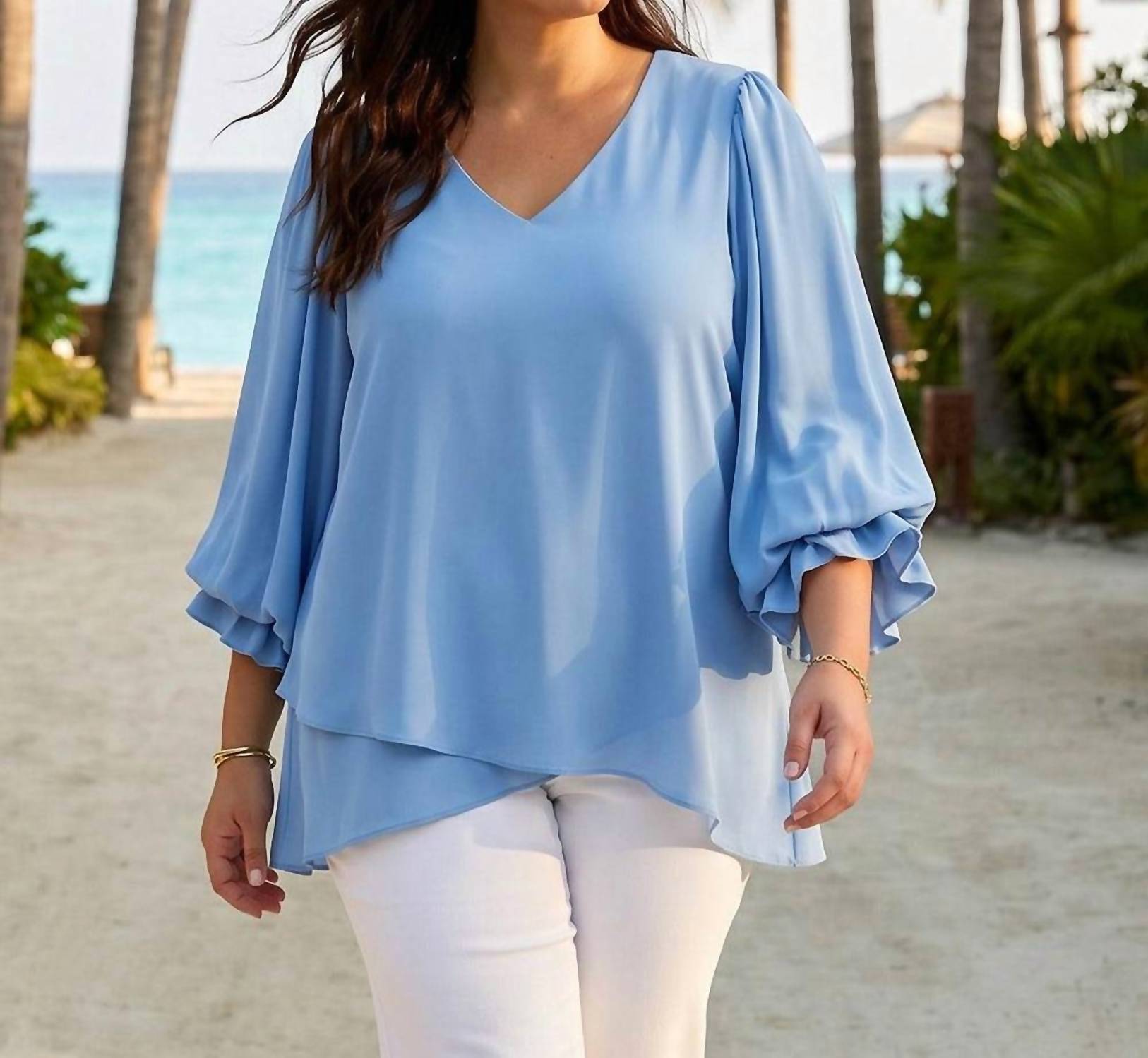 Karen Kane - Layered Sleeve Asymmetric Top - Plus Size