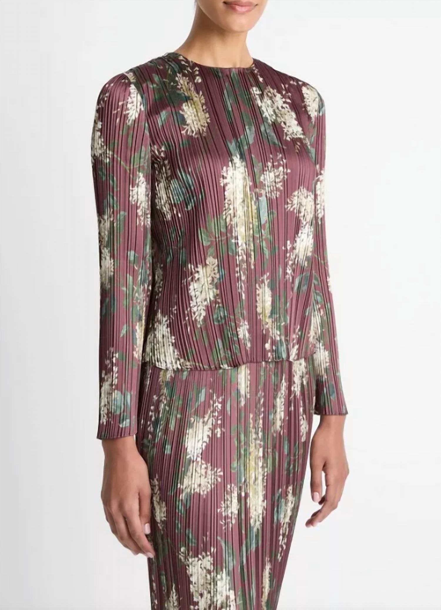 Vince Micro Pleated Crewneck Top in lilac printed - women's long sleeve top - alternate view