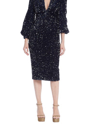Badgley Mischka - Long-sleeved Sequins Velvet Coat Dress