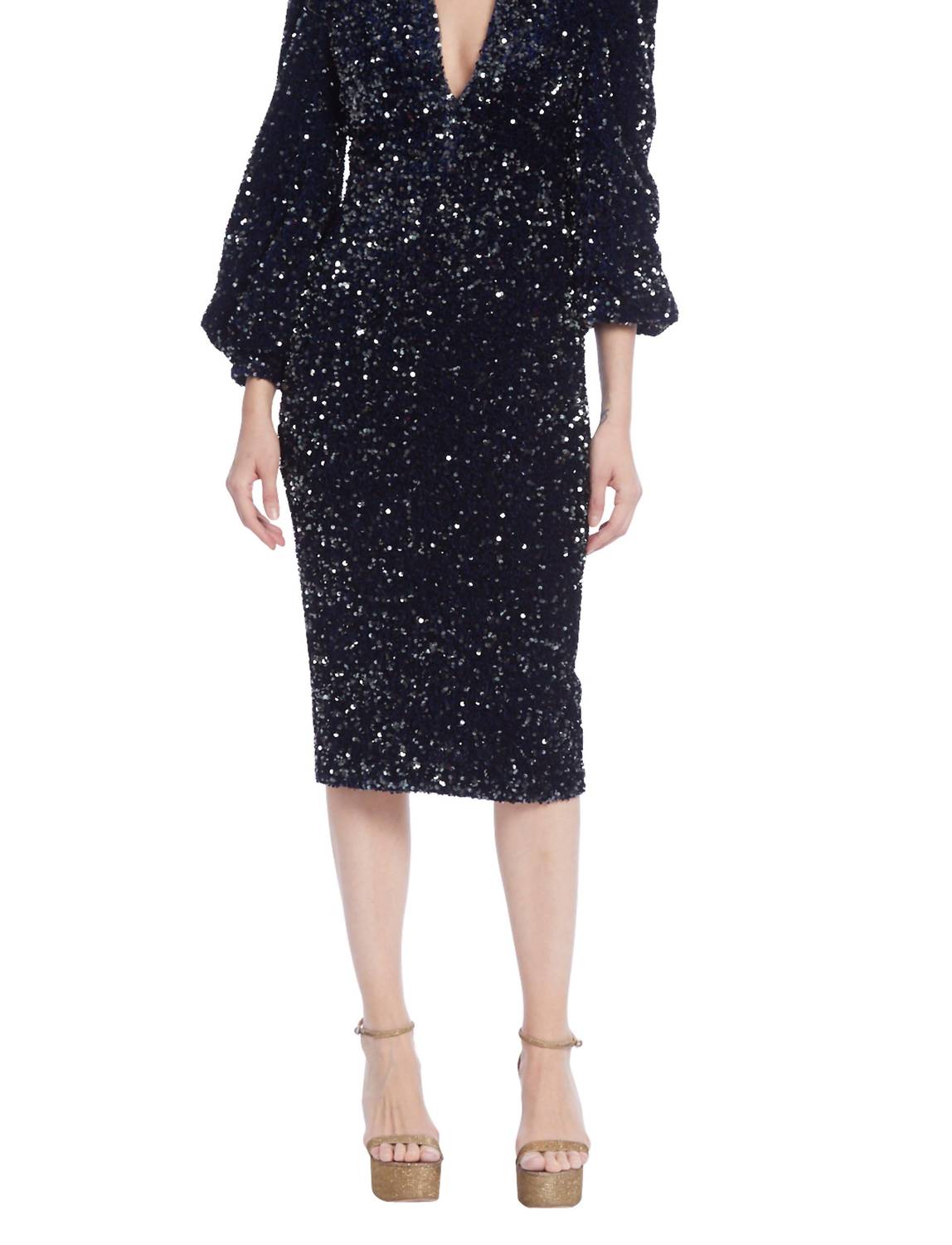 Badgley Mischka - Long-sleeved Sequins Velvet Coat Dress