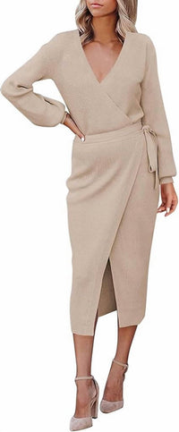Nihao Jewelry - V Neck Belted Long Sleeve Knit Dress