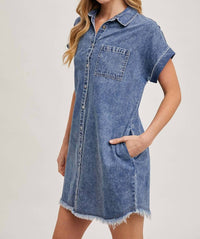 Bluivy - Frayed Hem Denim Shirt Dress