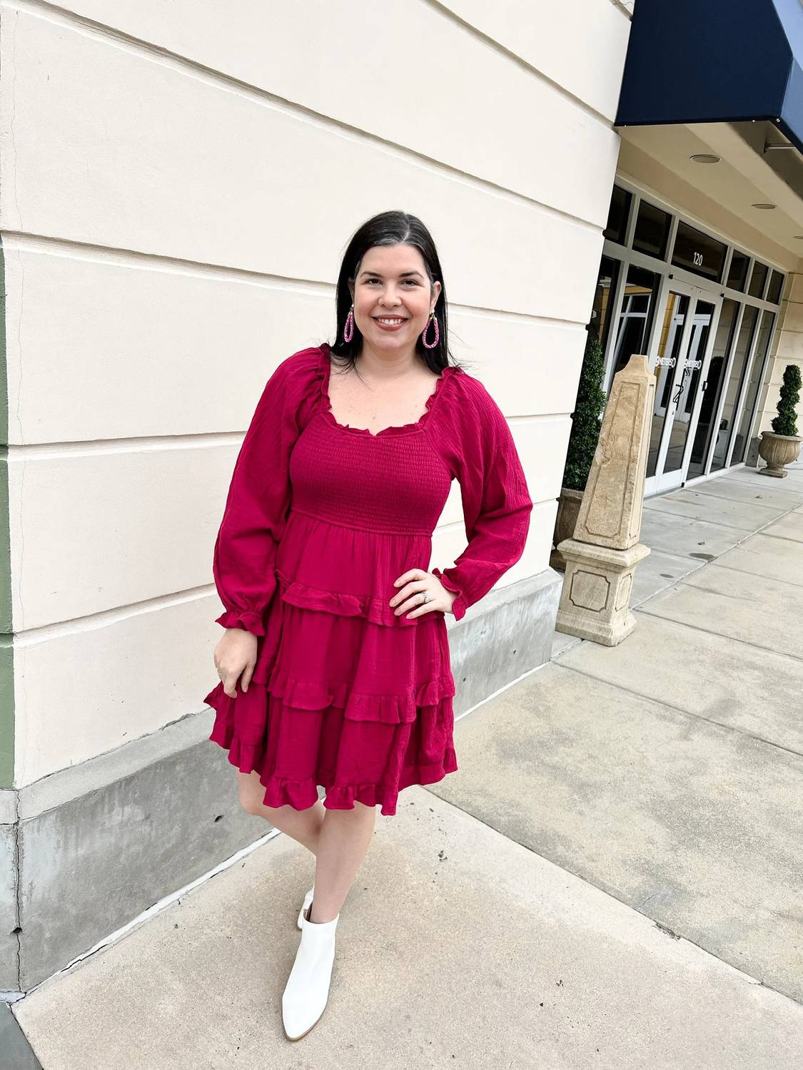 &Merci - Square Neckline Smocked Bodice Tiered Ruffle Dress