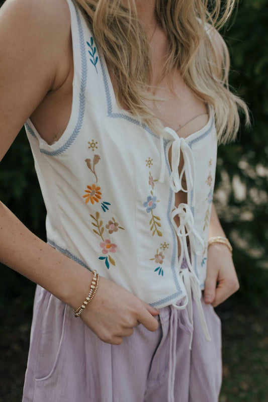 Mable - Embroidered Floral Tie Front Vest