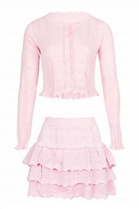 Mable - Bow Pointelle Cardigan And Skirt Set