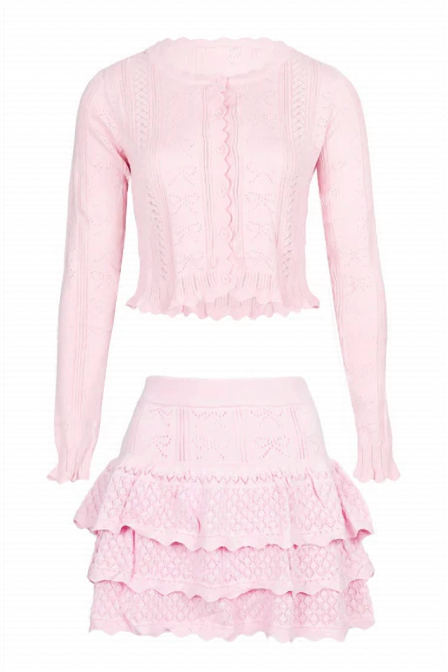 Mable - Bow Pointelle Cardigan And Skirt Set