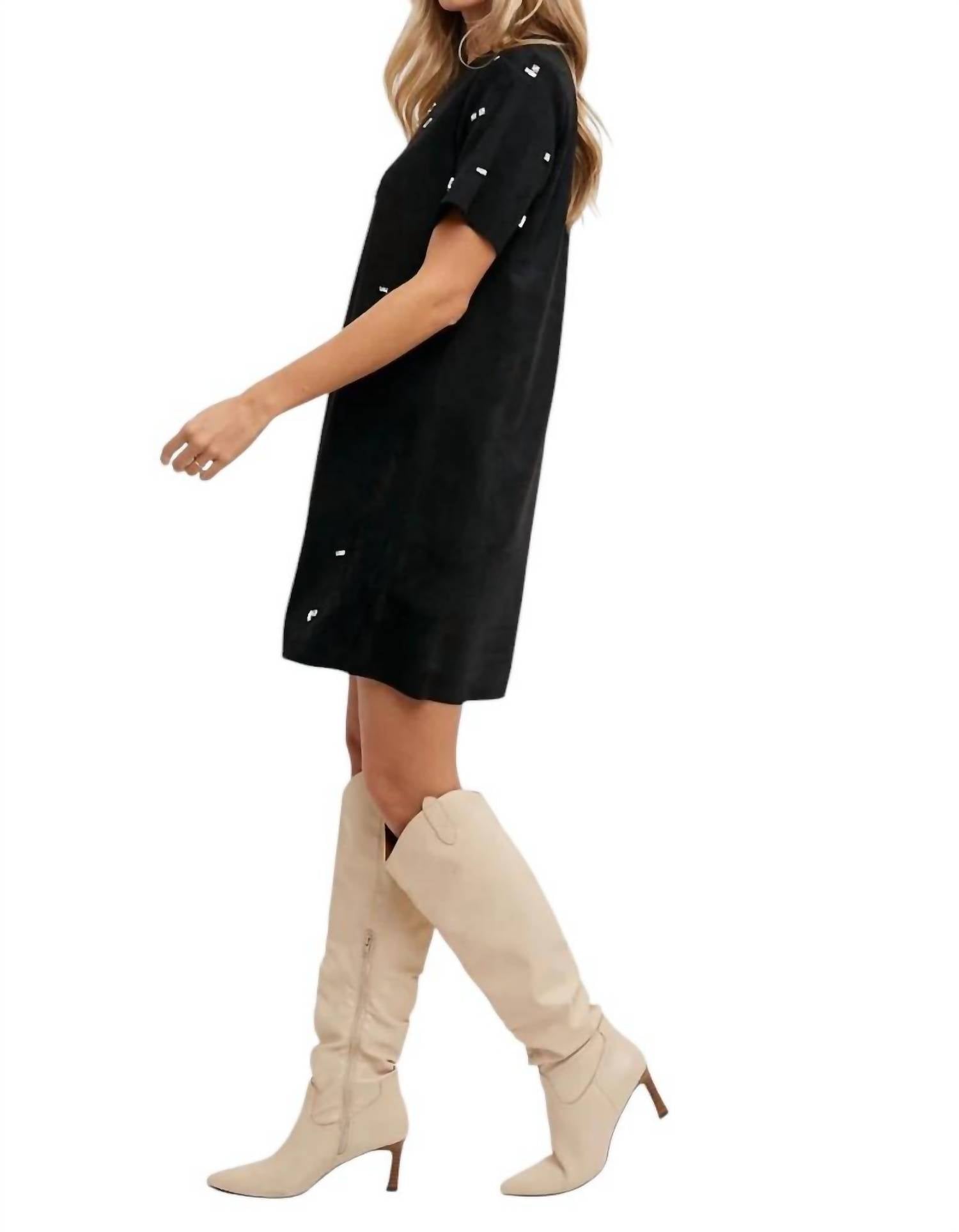 Bluivy - Elle Rhinestone Embellished Suede Shift Mini Dress