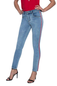 Frank Lyman Skinny Jeans With Ribbon Side And Rhinestones in mid wash - women's jeans