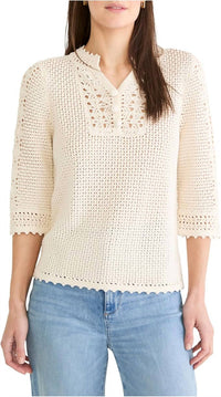 Nic + Zoe Crochet Mesh Sweater in cream - women's sweater