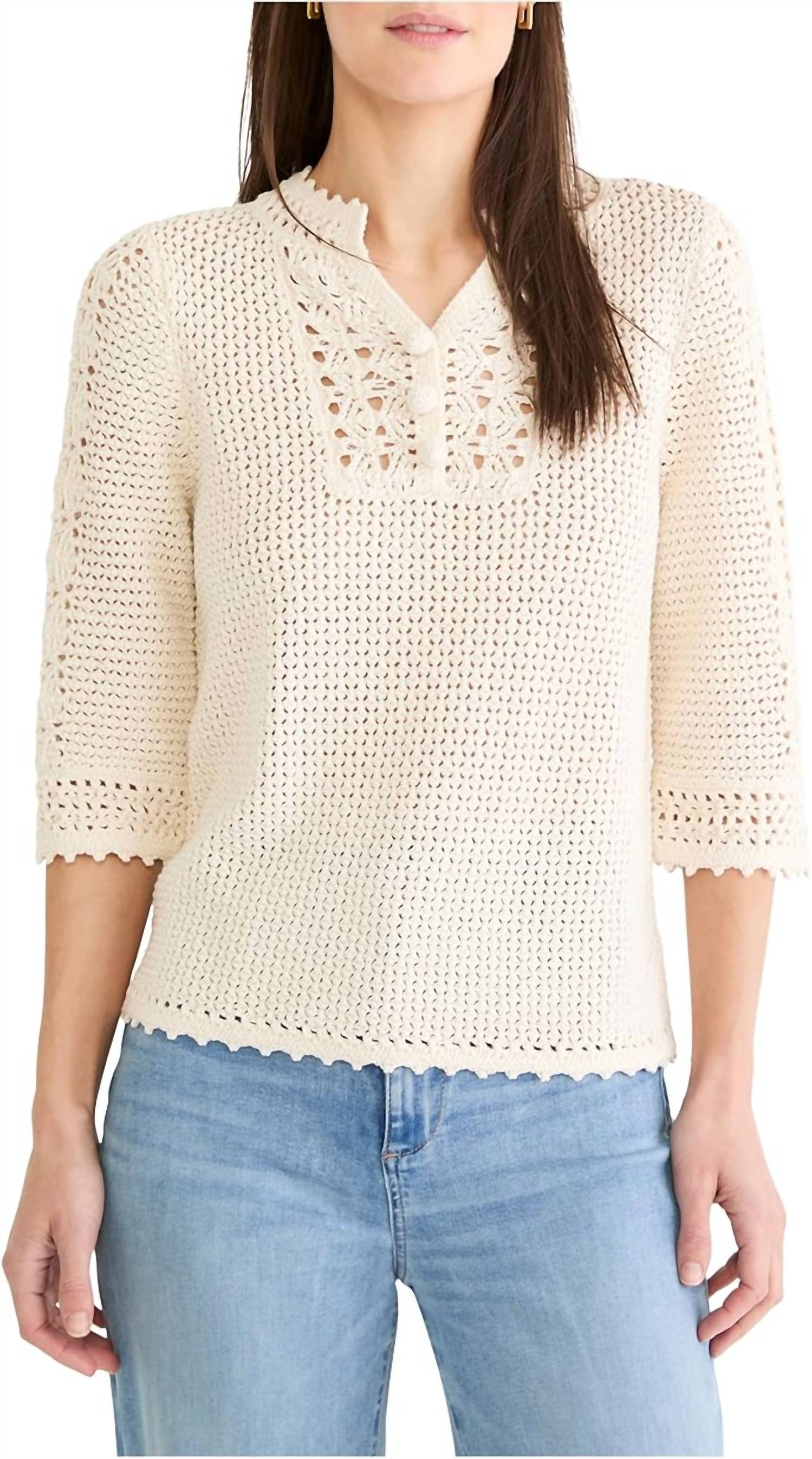Nic + Zoe Crochet Mesh Sweater in cream - women's sweater