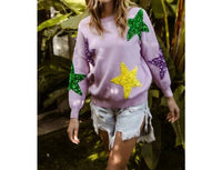 BiBi Sequin Velvet Star Patches Mardi Gras Sweater in lavender - women's sweater
