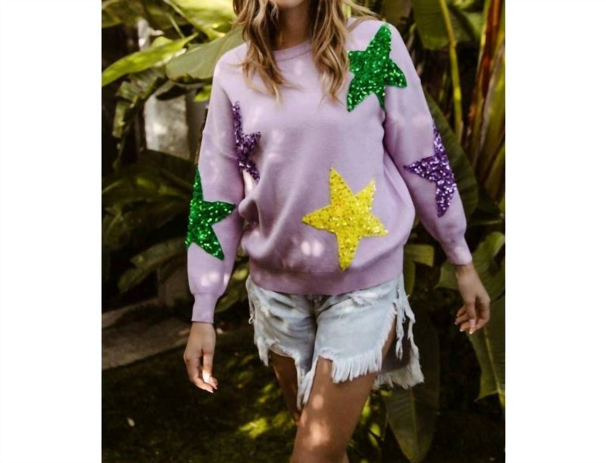 BiBi Sequin Velvet Star Patches Mardi Gras Sweater in lavender - women's sweater