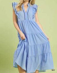 Umgee - Seersucker Ruffle Sleeve Tiered Midi Dress
