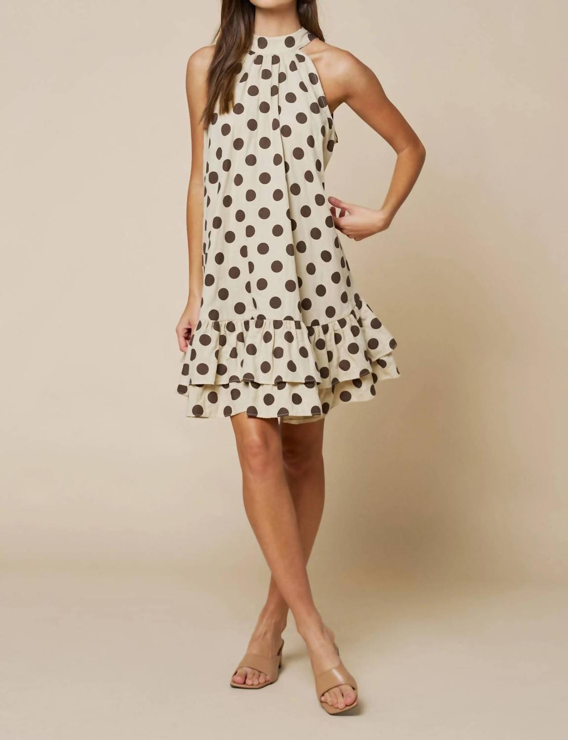 Lalavon - Polka Dot Mock Neck Ruffled Layered Hem Shift Dress