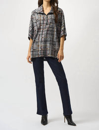 Joseph Ribkoff - Plaid Print Zipped Collar Sweater Top