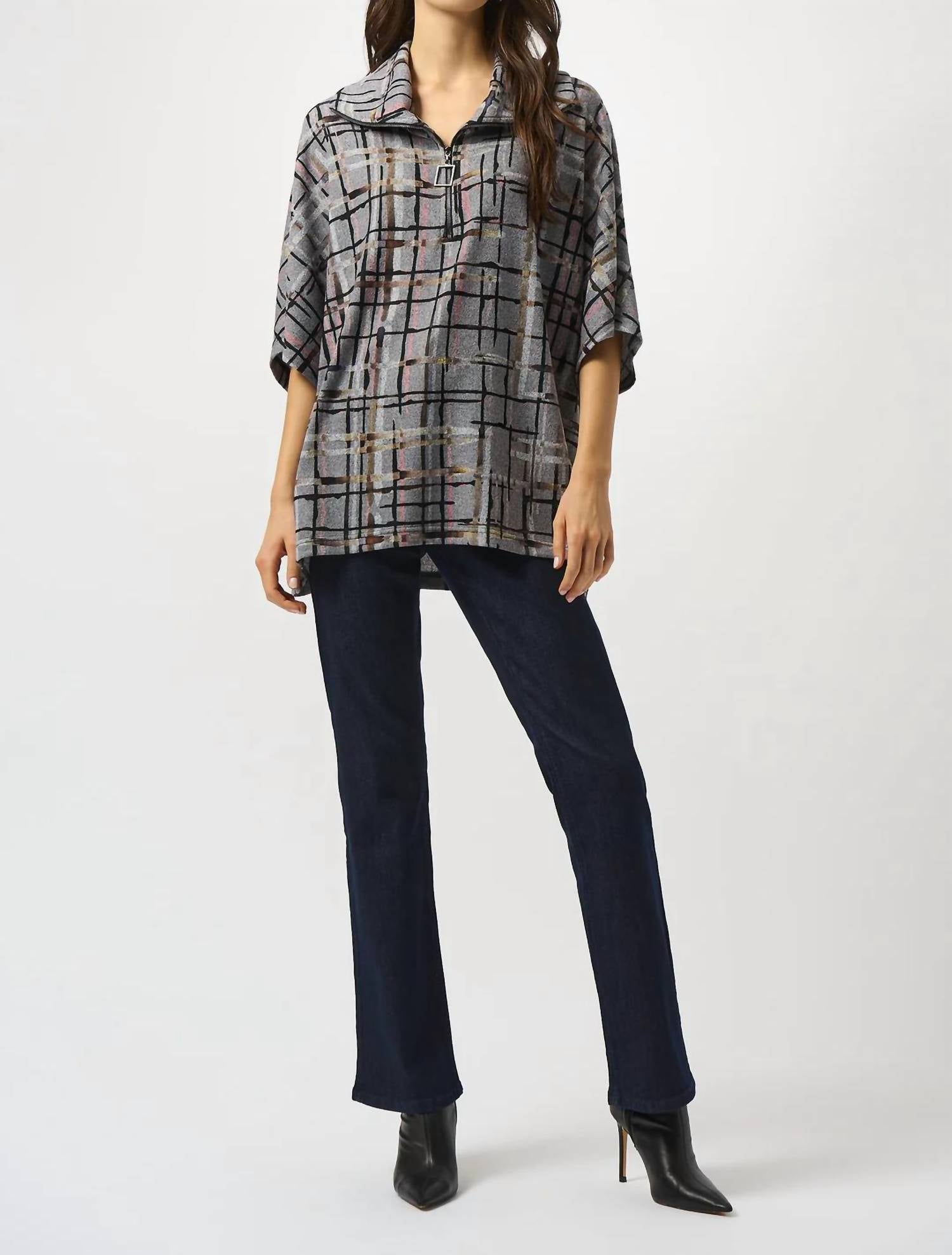 Joseph Ribkoff - Plaid Print Zipped Collar Sweater Top