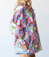 First Love - Floral Ruffle V-Neck Tassel Drawstring Top