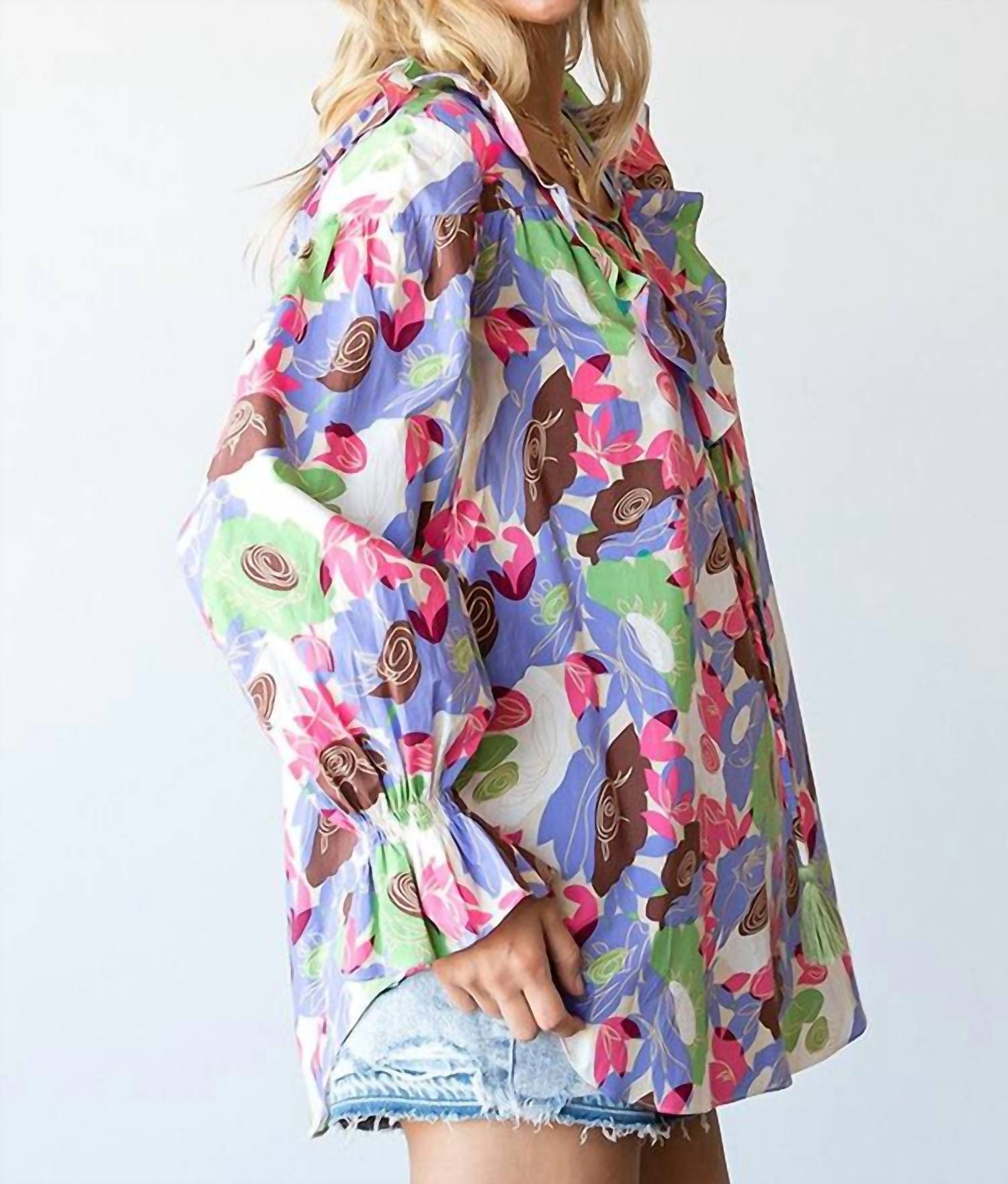 First Love - Floral Ruffle V-Neck Tassel Drawstring Top
