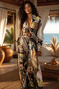Surelymine - Abstract Print Pleated Wide Leg Jumpsuit