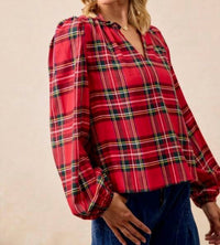 Bibi - Christmas Plaid Balloon Sleeved Top