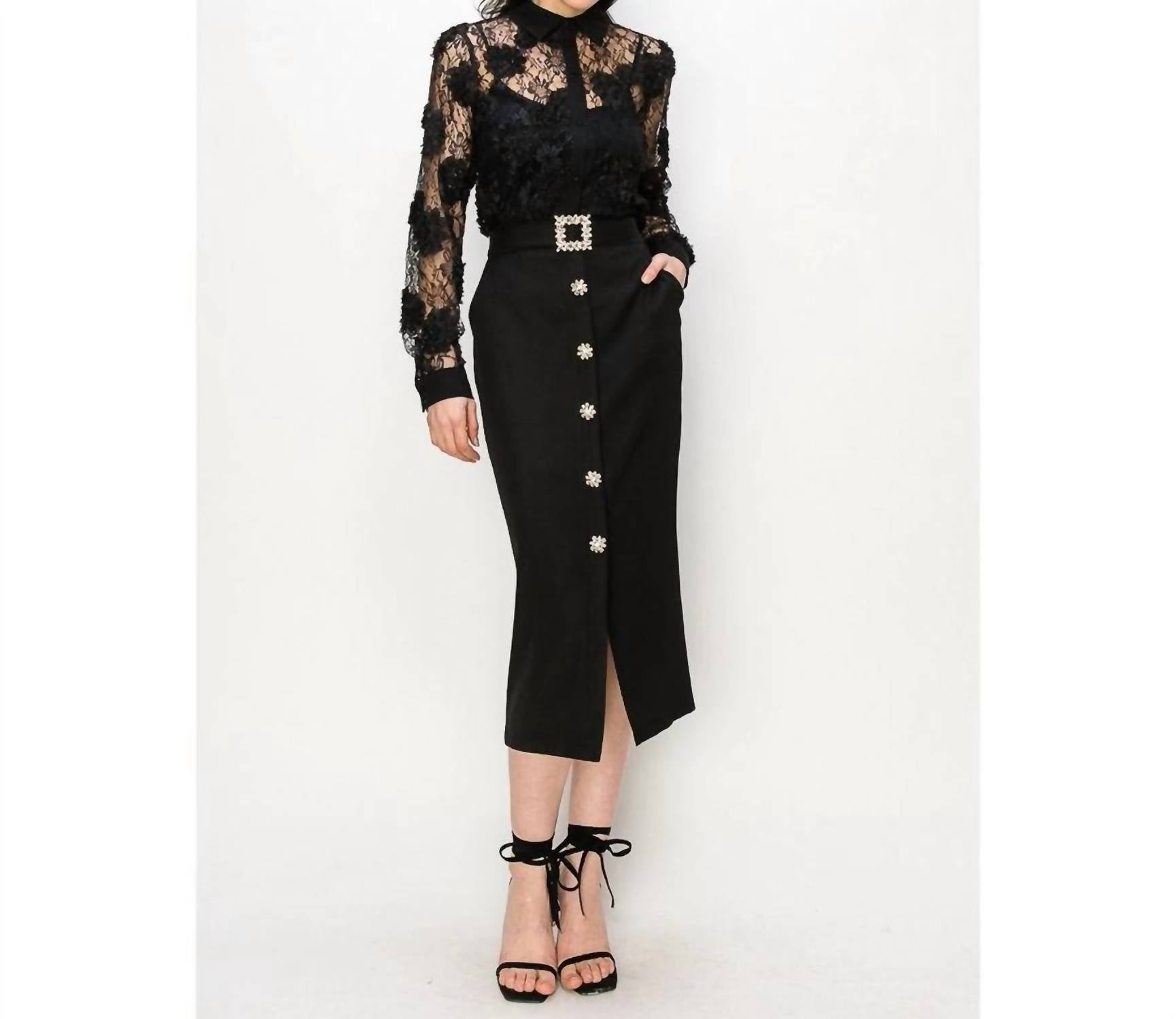Ina Fashion - Rhinestone Button Down Midi Skirt