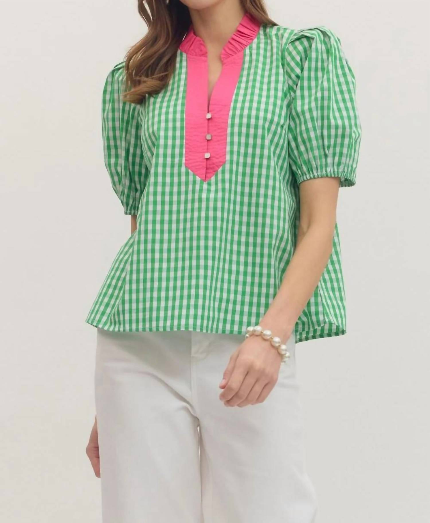 Entro - Gingham Puff Sleeve Top