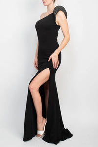 Jovani - Fitted One Shoulder Slit Front Crepe Gown