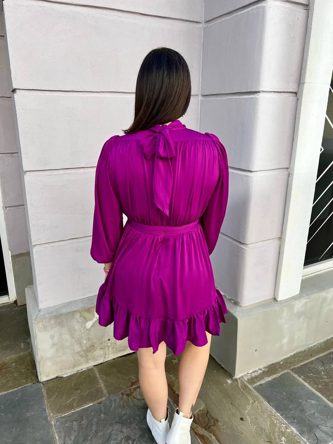 Entro - Shadow Stripe Mock Neck Long Sleeve Tiered Mini Dress