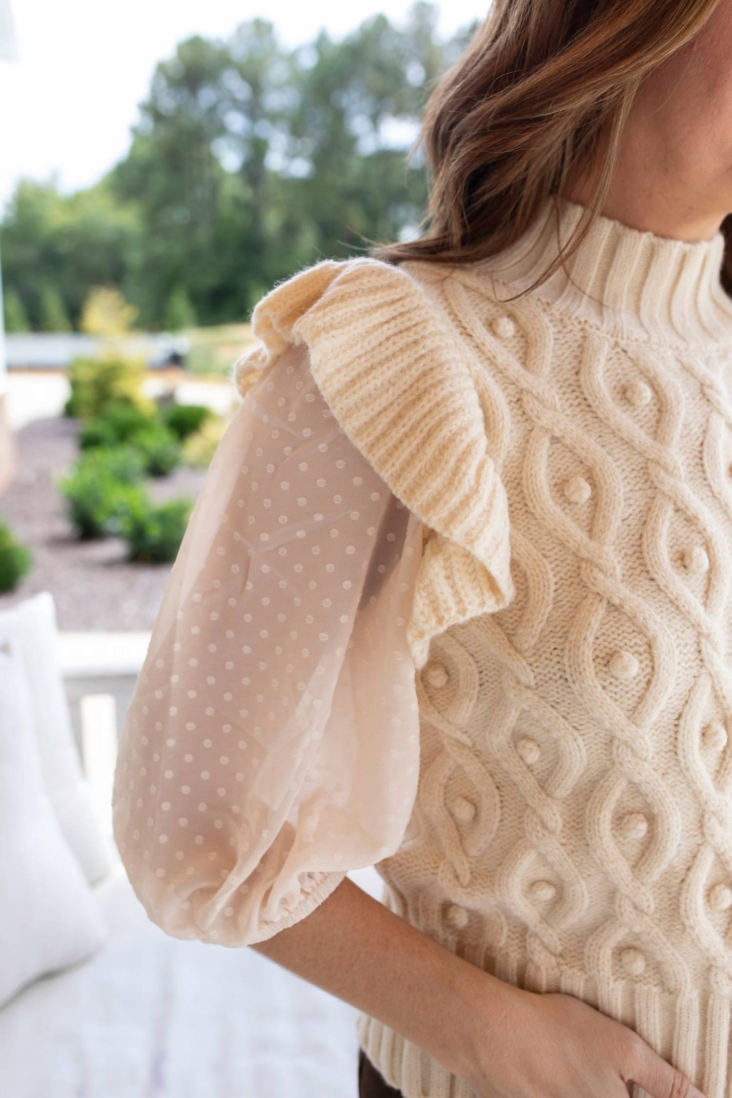 voy Polka Dot Sheer Sleeve Sweater in beige - women's sweater - detail view