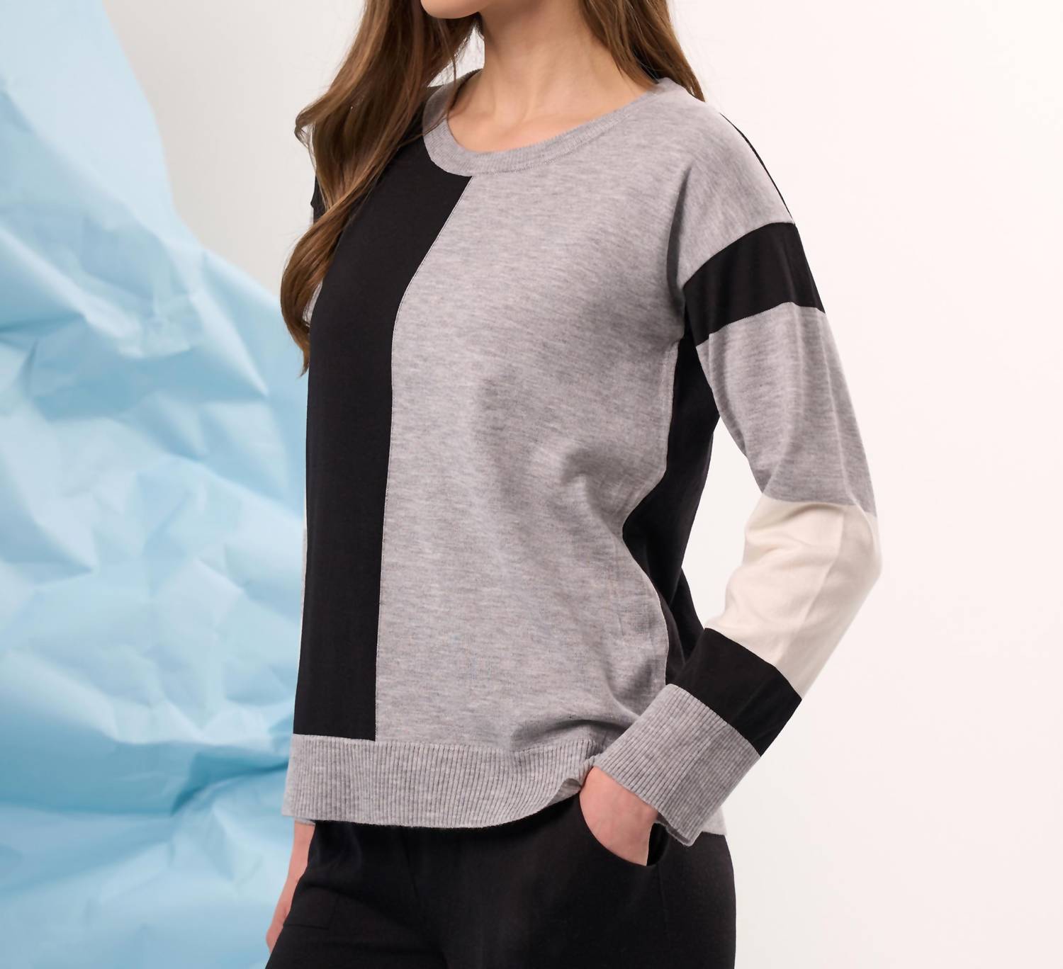 french kyss Color Block Scoop Neck Sweater in slate multi - women's sweater - detail view