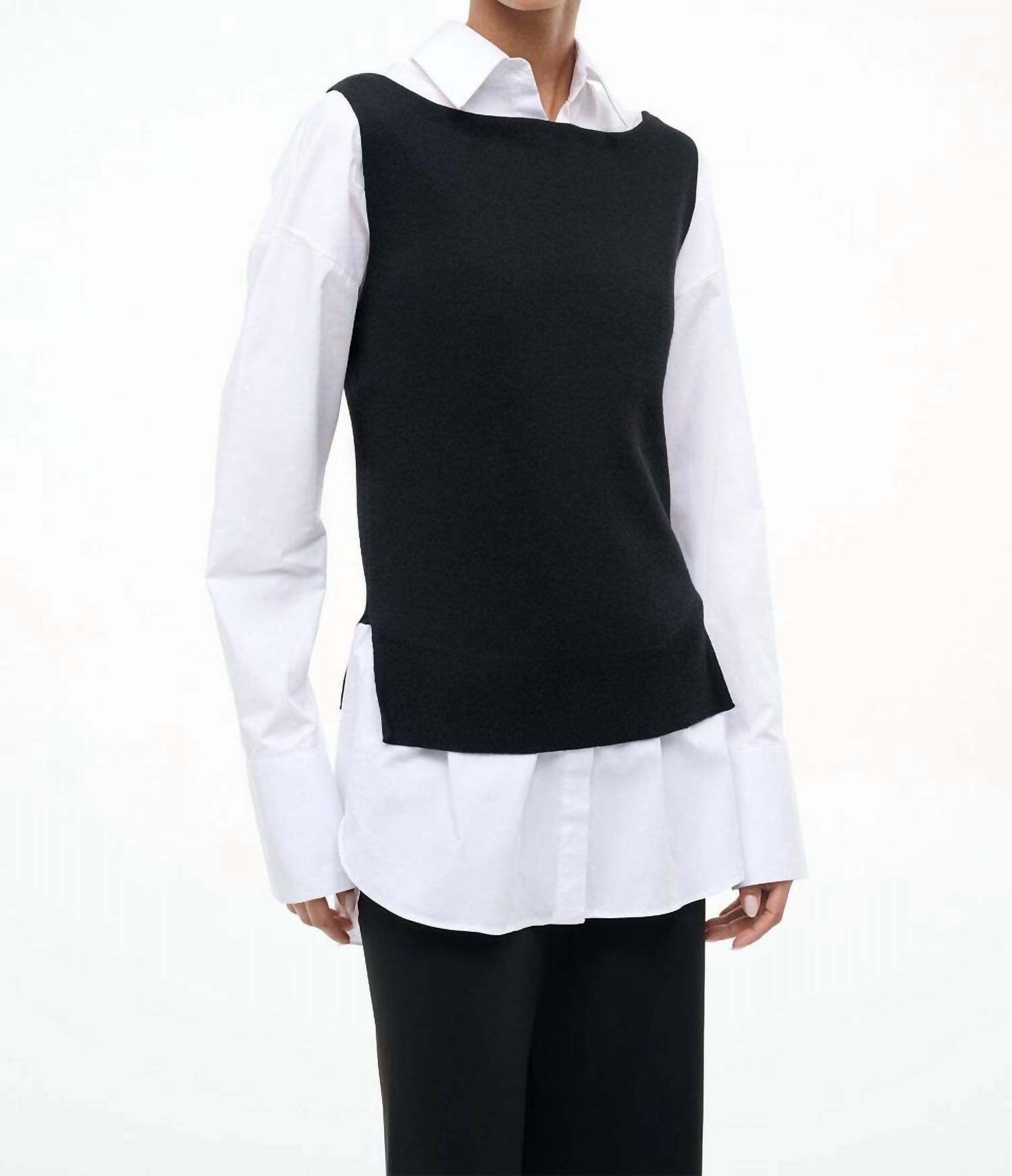 STAUD Damian Knit Button Down Top in black white - women's long sleeve top - detail view