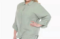 White Mark Long Sleeve Button Down Top - Plus in olive - women's shirt - detail view