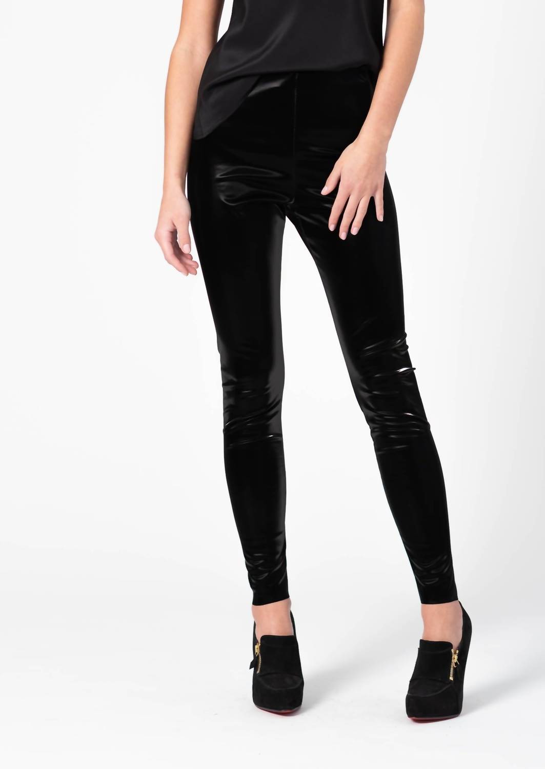 LAVENDER BROWN Patent Leather Pull-on Leggings in black - women's pants