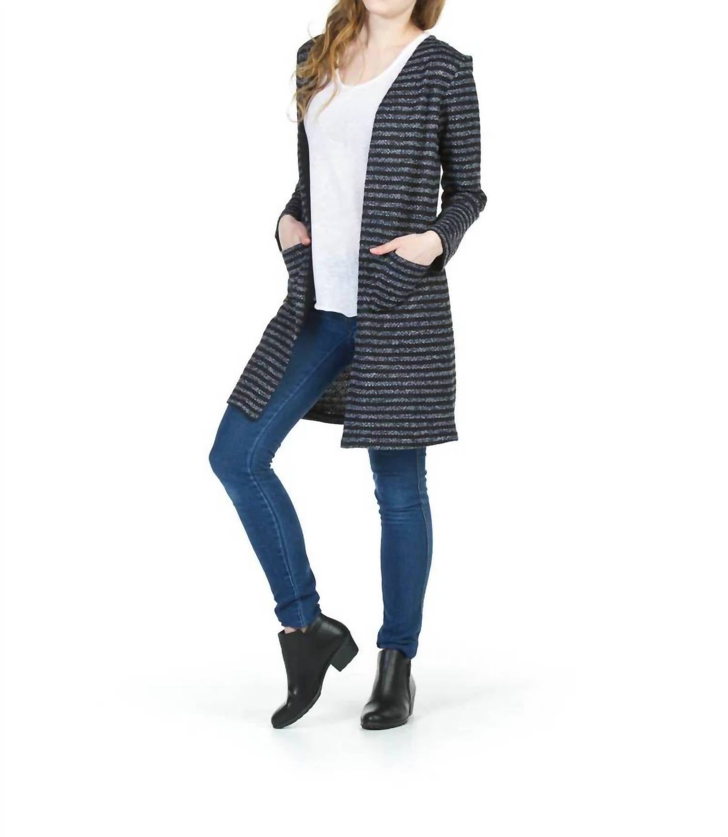 Papillon - Striped Textured Cardigan With Pockets