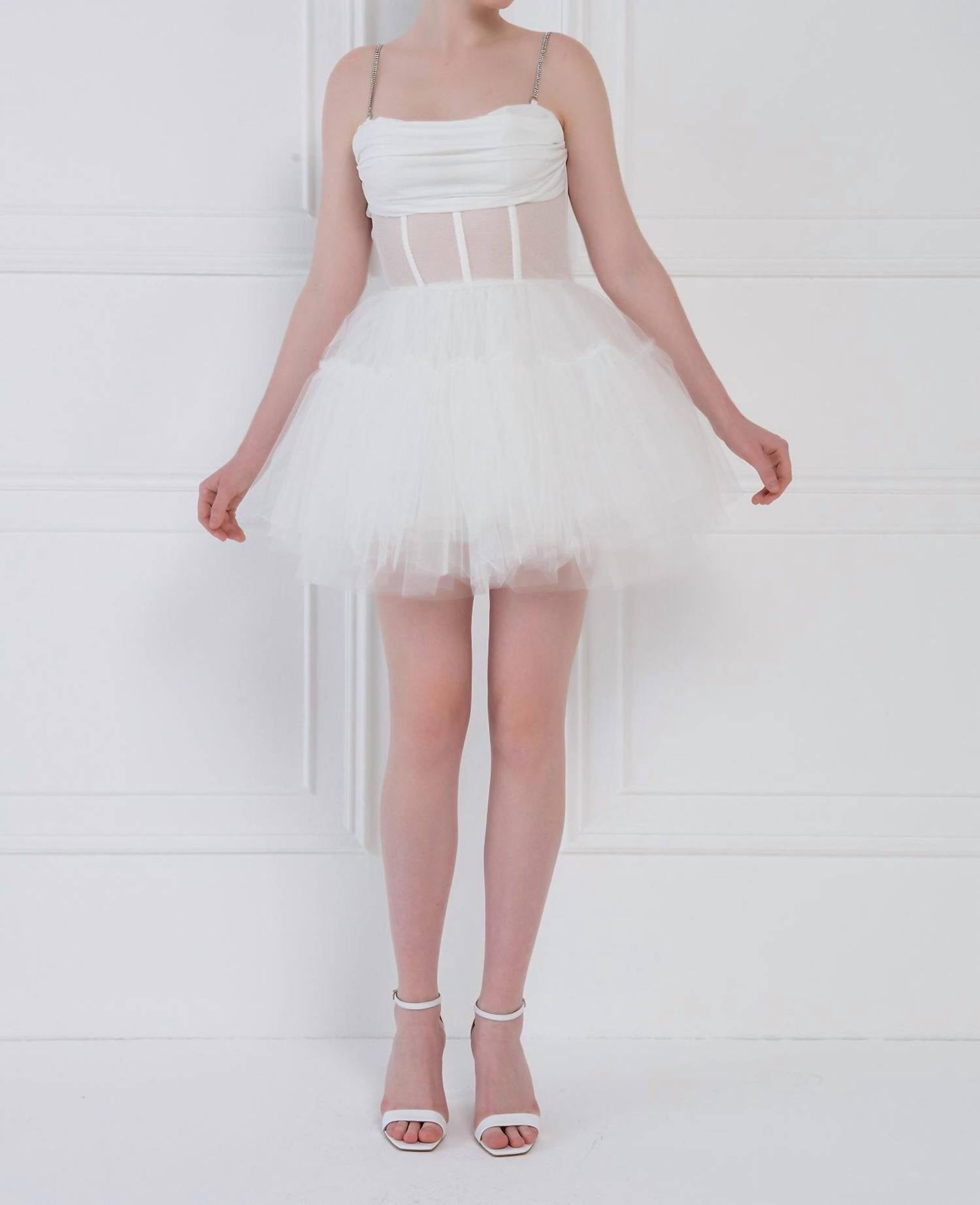 Kikiriki Cora Boned Fishnet Bustier Tulle Mini Dress in white - women's dress - alternate view
