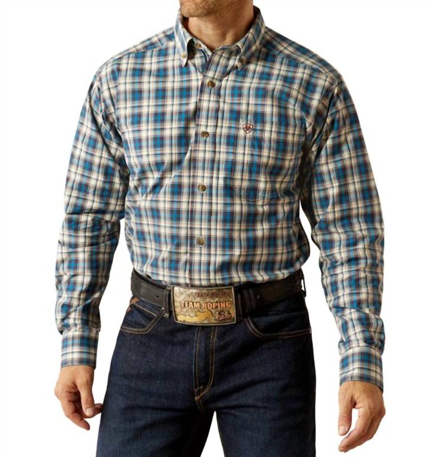 ARIAT Men's Pro Series Parrin Plaid Classic Shirt in teal - men's shirt