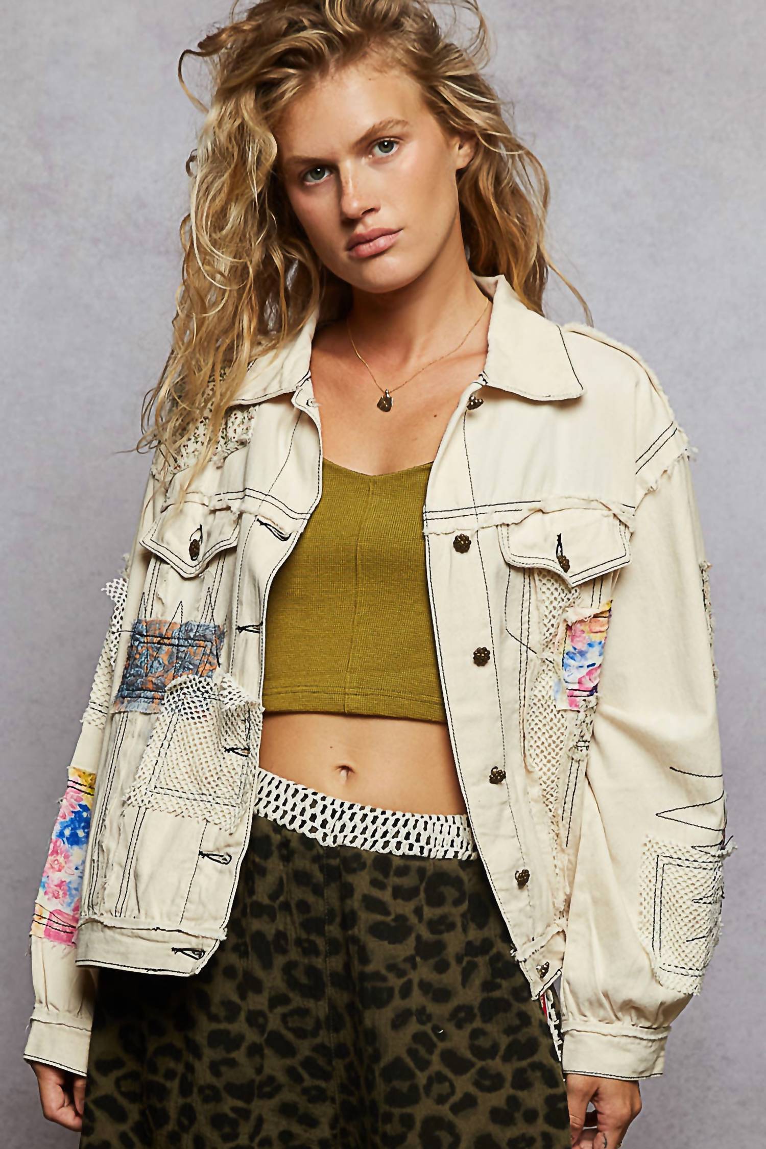 POL Patch And Net Work Jacket in oatmeal - women's jacket