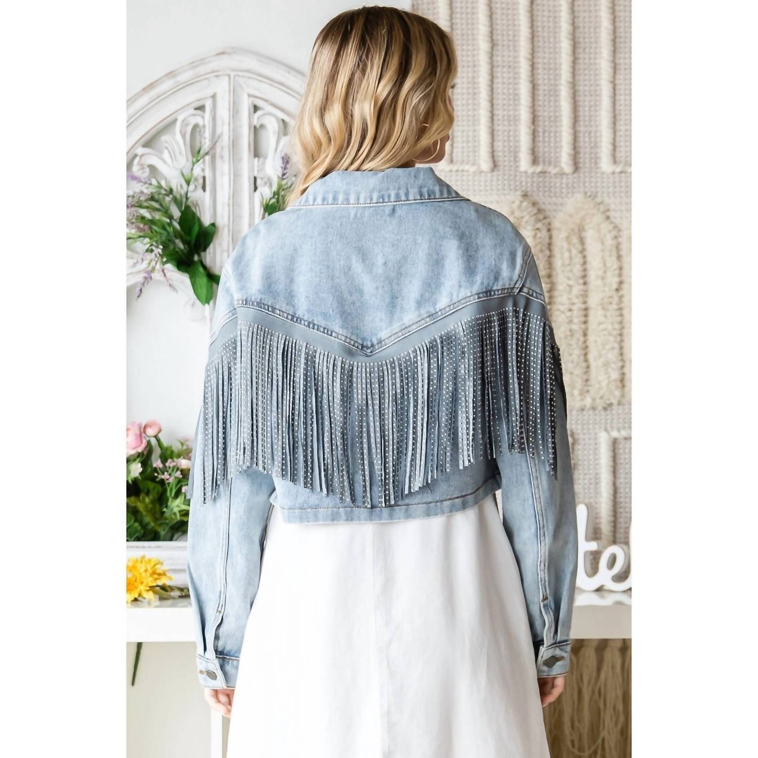Veveret - Rhinestone Fringe Cropped Denim Moto Jacket