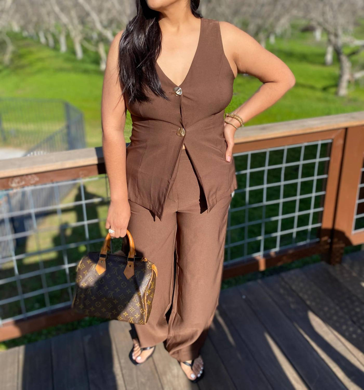 Mf - Button Front Vest And Wide Leg Trousers Set