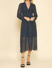 PINCH Print Button Down Chiffon Maxi Dress in navy - women's dress
