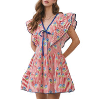 Tcec - Stripe Floral Print Ruffle Mini Dress