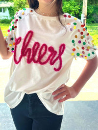 BiBi Cheers Metallic Letter Puff Sleeve Top in pink multi - women's t-shirt