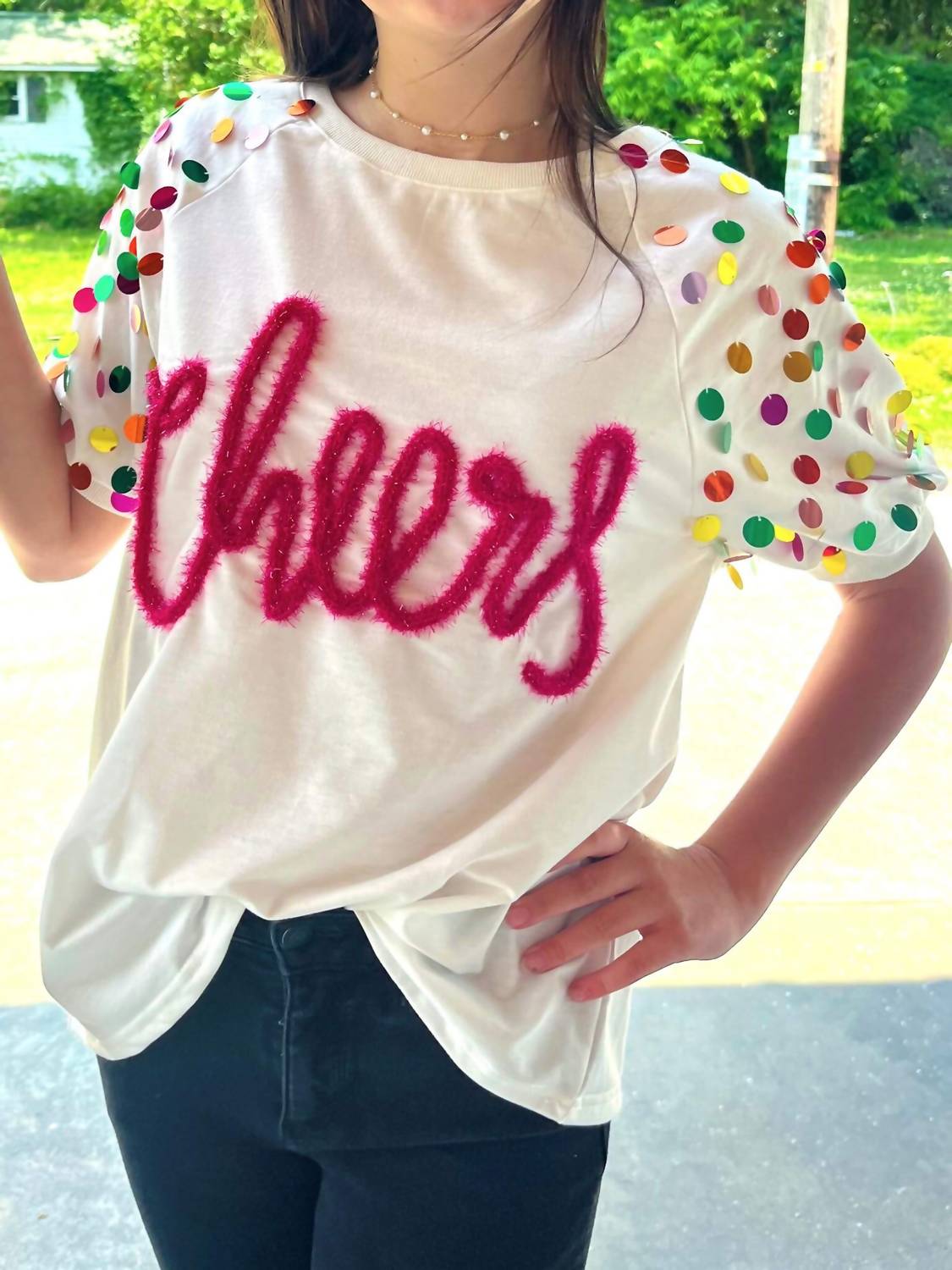 BiBi Cheers Metallic Letter Puff Sleeve Top in pink multi - women's t-shirt