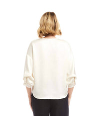 Karen Kane Lantern Sleeve Crystal Rhinestone Button Satin Top in cream - women's blouse - detail view
