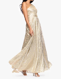 Betsy & Adam - One-shoulder Wrap Foil Floral Gown